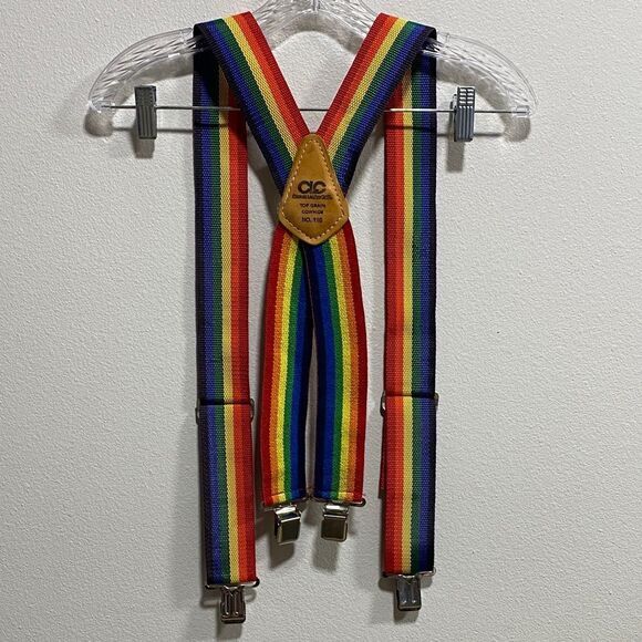 Vintage 80s Rainbow Suspenders 110 Leather Back Metal Clips Pridecore Punk Retro - Picture 2 of 8